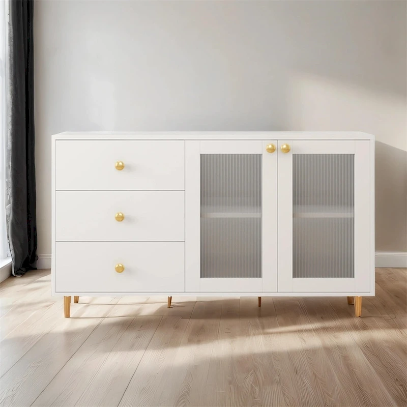 Modern Wood Side Cabinets with Glass Doors and Drawers