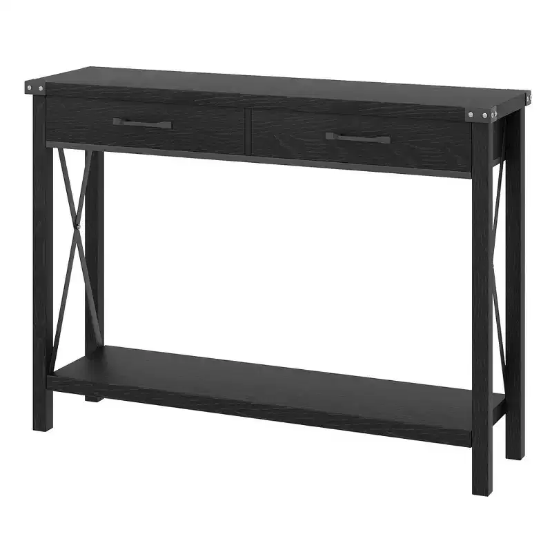 Farmhouse Console Table 2-Tier with Drawers for Hallway or Living Room, MDF & Wood Legs, 43x12x31 in