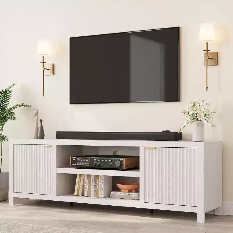 White Fluted TV Console - Modern 80 Media Stand with Gold Handles & Storage for Living Room