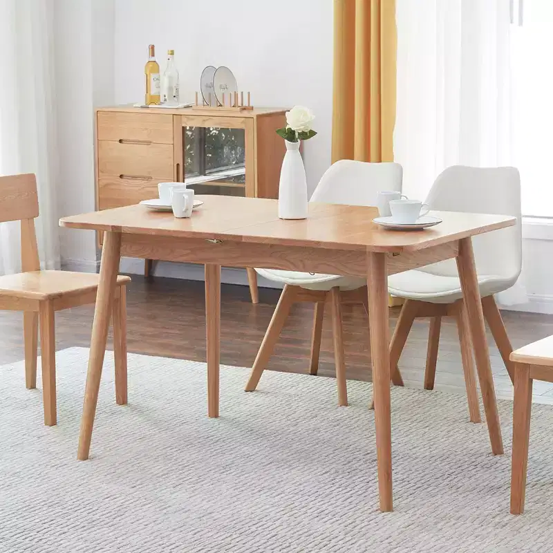 Solid Oak Round Corner Dining table with Diagonal Legs for 6-8 People, Telescopic Writting Desk 1.2-1.6m, Easy Assembly, Natural