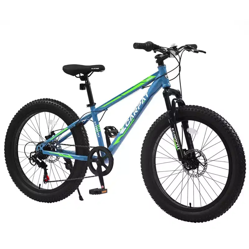 NAYSAYE 24 Inch Fat Tire Mountain Bike with 7 Speed Shifter Dual Disc Brake for Adults and Youth, Blue and Green, 67*25*40