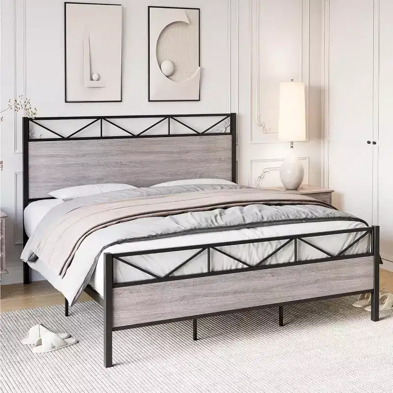 Bed Frame with Headboard, Industrial Platform King Bed Frame, Strong Metal Slats Support, 11'' Under-Bed Storage