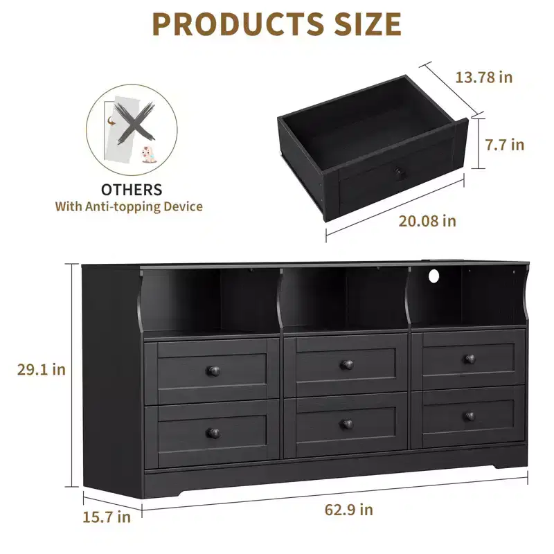 6 Drawer Dresser with Lights, 63''Wooden Chest of Drawers with Open Shelves, TV Stand Storage Cabinet for Living Room, Bedroom, Entryway