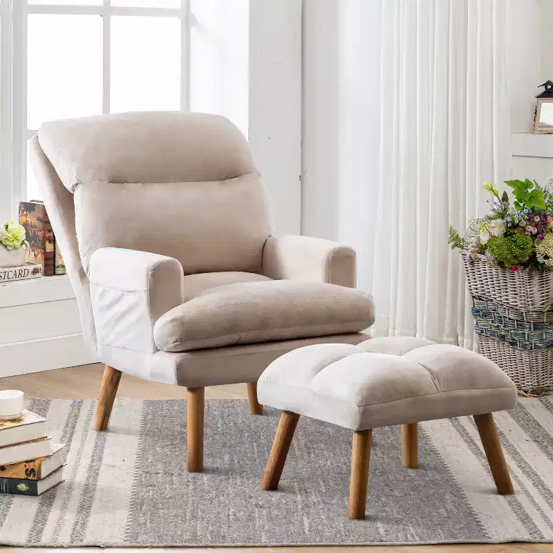 Accent Chair with Ottoman, Velvet Fabric Armchair for Bedroom Living Room, Comfy Lounge Chair with Adjustable Backrest and Side Pocket