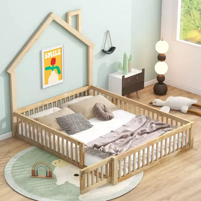 Full Size House Platform Bed with Guardrail, Solid Pine Wood, Kids Bedroom