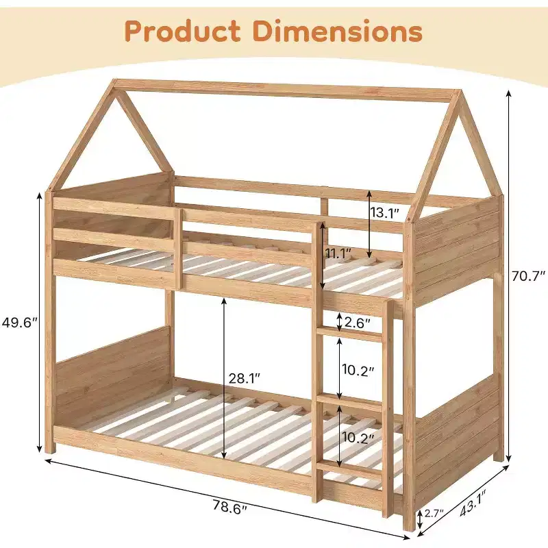 Twin over Twin Bunk Bed for Kids with Ladder, Full-Length Bed Rail & Slats, White Oak