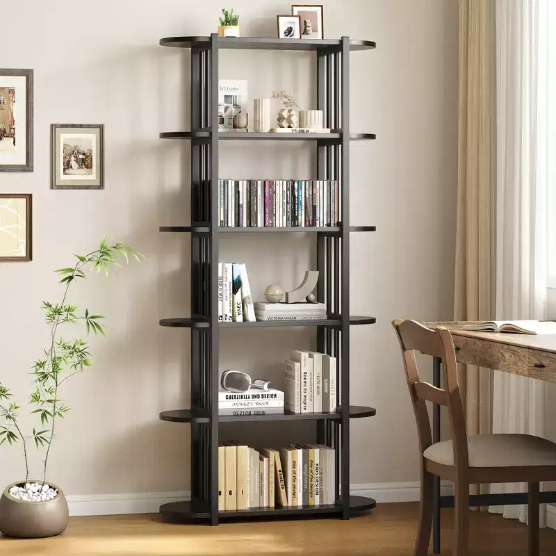 Black / Retro Industrial 6-Tier Bookshelf with Metal Frame