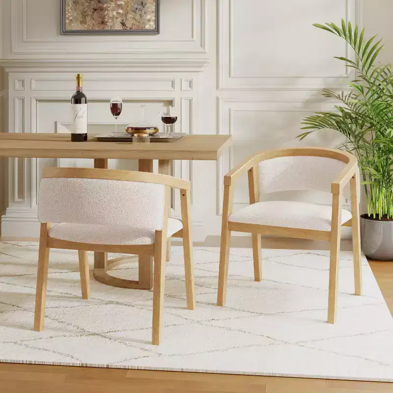 Mid Century Modern Boucle Upholstered Dining Chairs with U-Shaped Armrests