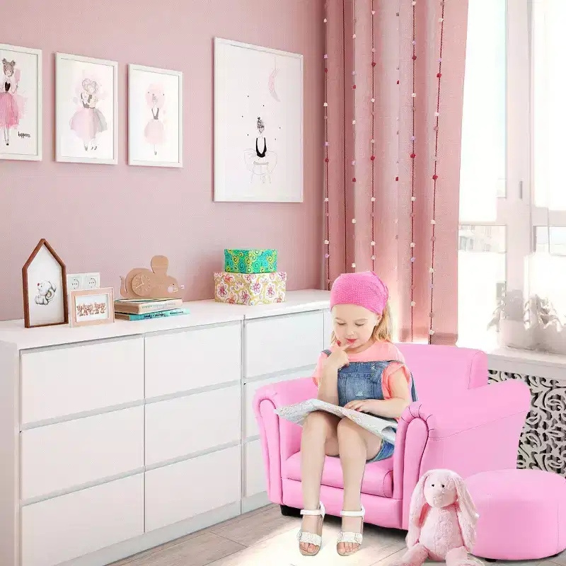 Costway Kids Sofa Armrest Chair Couch Children Toddler Birthday Gift w/ Ottoman Pink