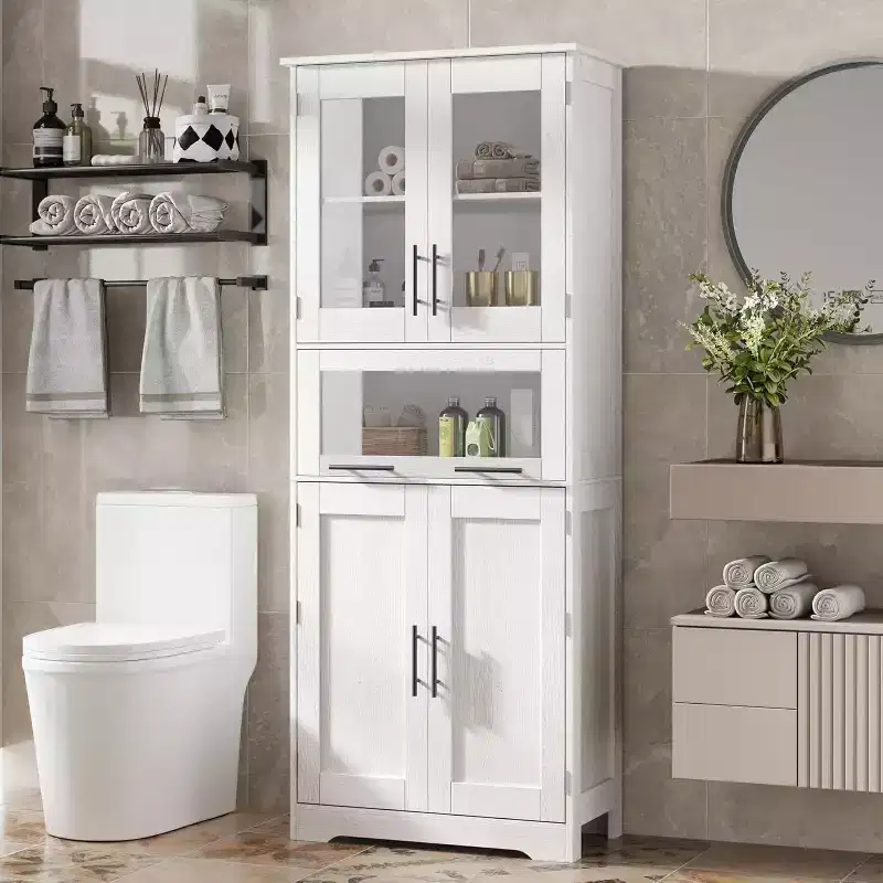 Tall bathroom cabinet with doors and adjustable shelves, 5 compartments, suitable for living room, kitchen, or dining room.