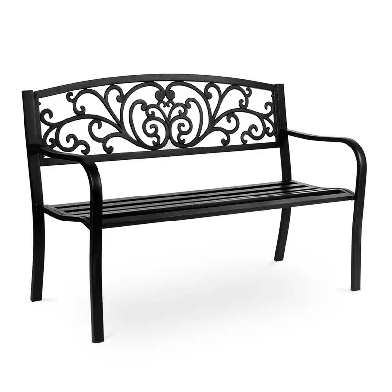 Karl Home | 47 in. Black Iron Outdoor Bench Floral Backrest