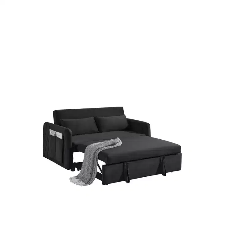 Gray Velvet 2-Seater Convertible Sofa Bed with Pull-Out Bed