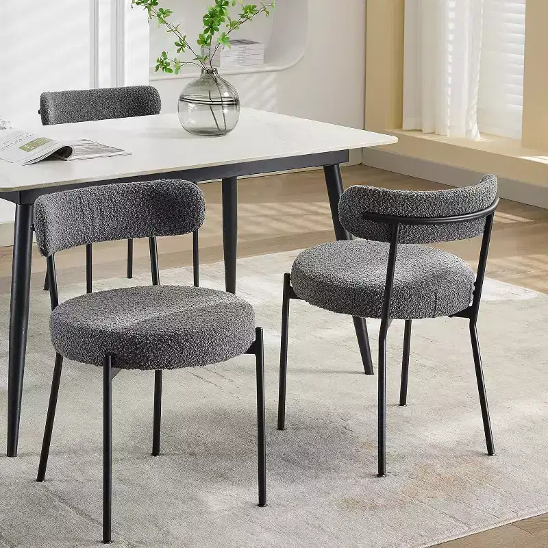 Acekool Mid-Century Dining Chairs Set of 2 with Boucle Upholstery, Curved Backrest & Adjustable Feet - Light Grey with Black Legs