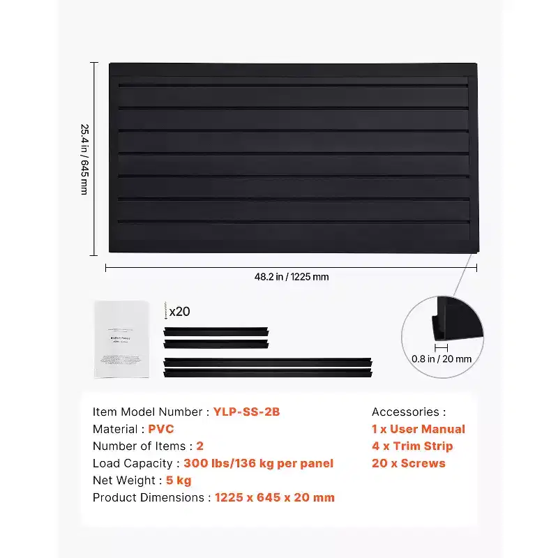 2x4 ft PVC Garage Slatwall Panel, Modular Adjustable Wall Organizer, Black, 300 lbs