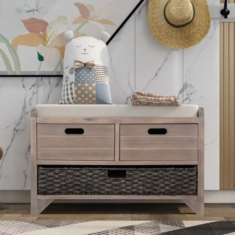White Washed / White / Navy / Espresso Entry Bench with Cushion, 2 Drawers & Basket — Seats 1