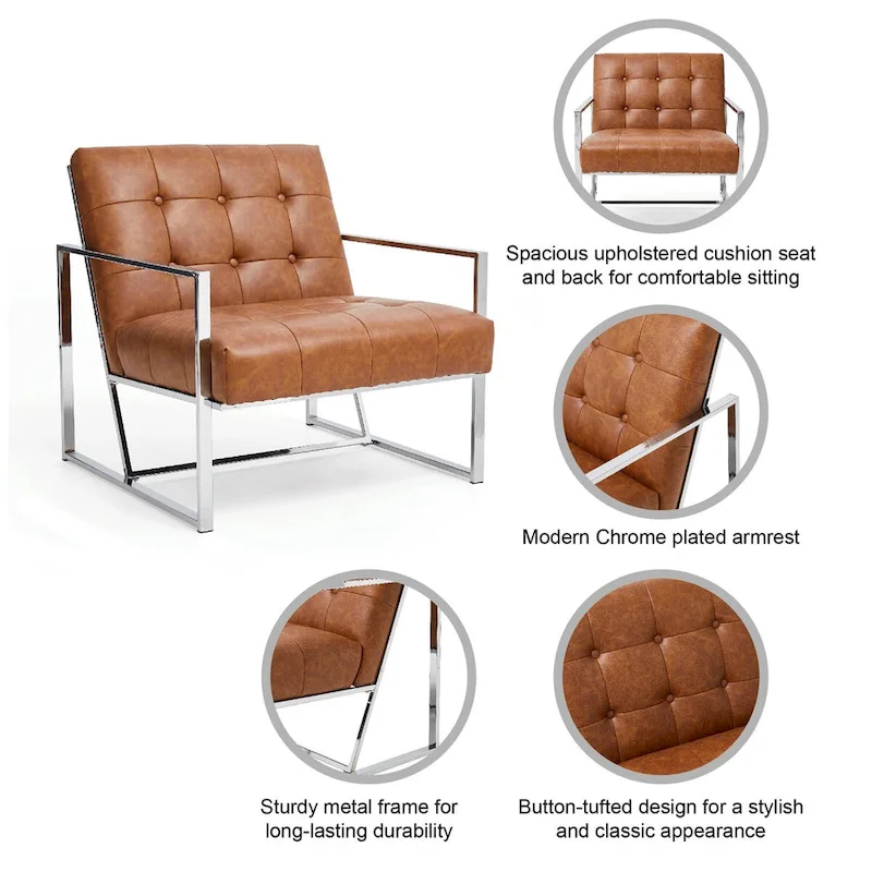 Glitzhome 30.50H Cream Mid-Century PU Leather Tufted Accent Chair with Chrome Plated Frame