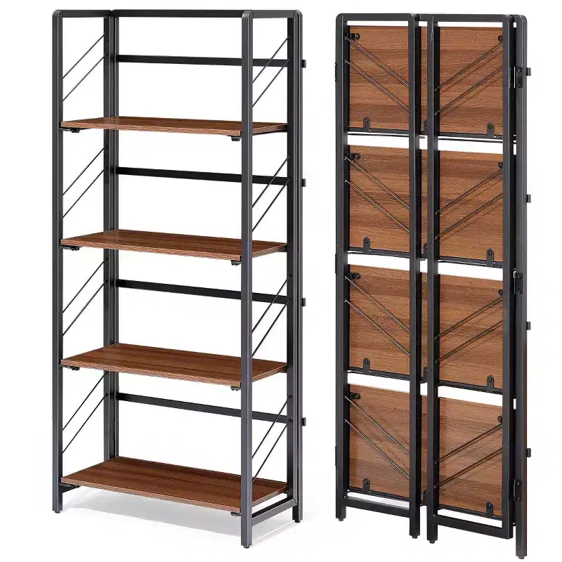 No Assembly Needed - 4-Tier Folding Office Bookshelf - Vintage Bookcase Storage Rack - Sturdy Metal Frame, Space-Saving Organizer