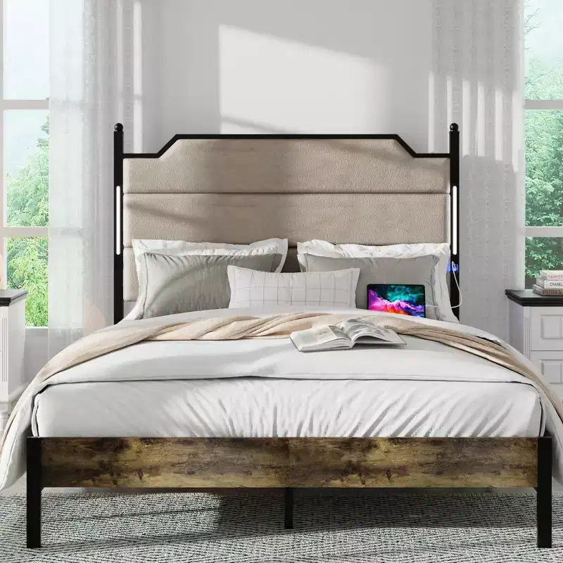 Queen/King Size Platform Bed with Upholstered Headboard, Wood Platform Bed Frame with Charging Station and LED Lights, Industrial Brown