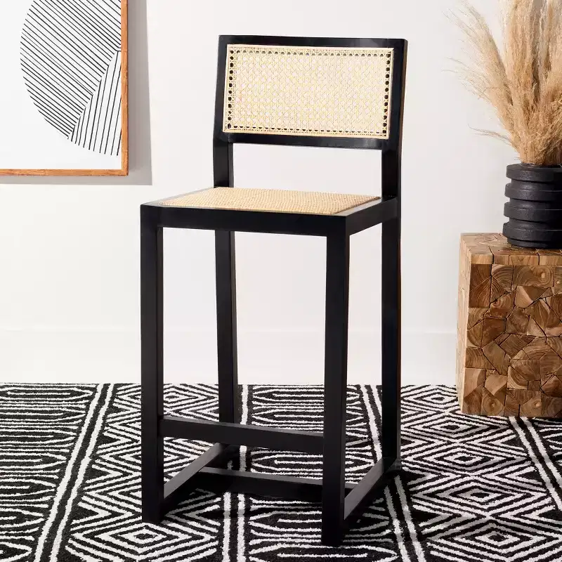 Rattan Counter Stool, Natural Woven Seat with Wood Frame, Bohemian Kitchen or Bar Stool