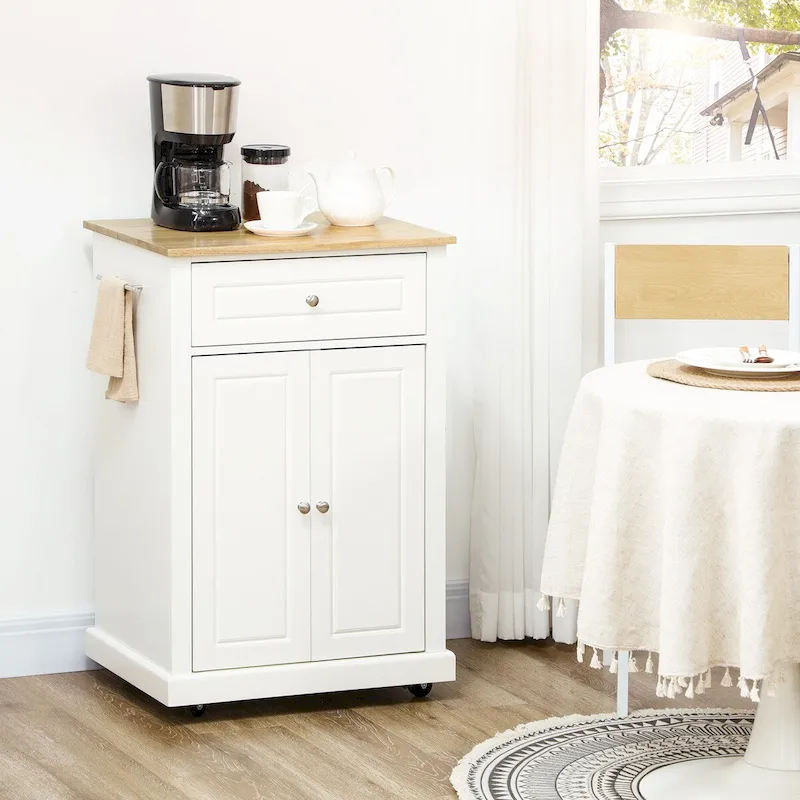 Rolling Adjustable Shelf Kitchen Island with Drawer and 2 Towel Racks