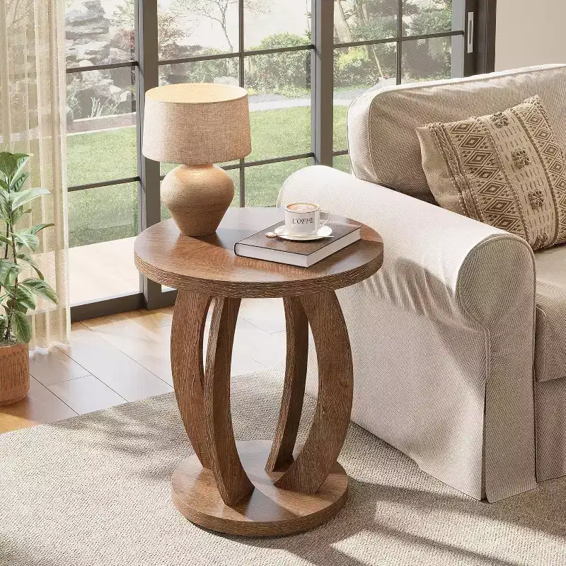 Round End Table with Storage, Farmhouse Nightstand or Accent Table for Living Room, Bedroom, Rustic Brown Wooden Side Table