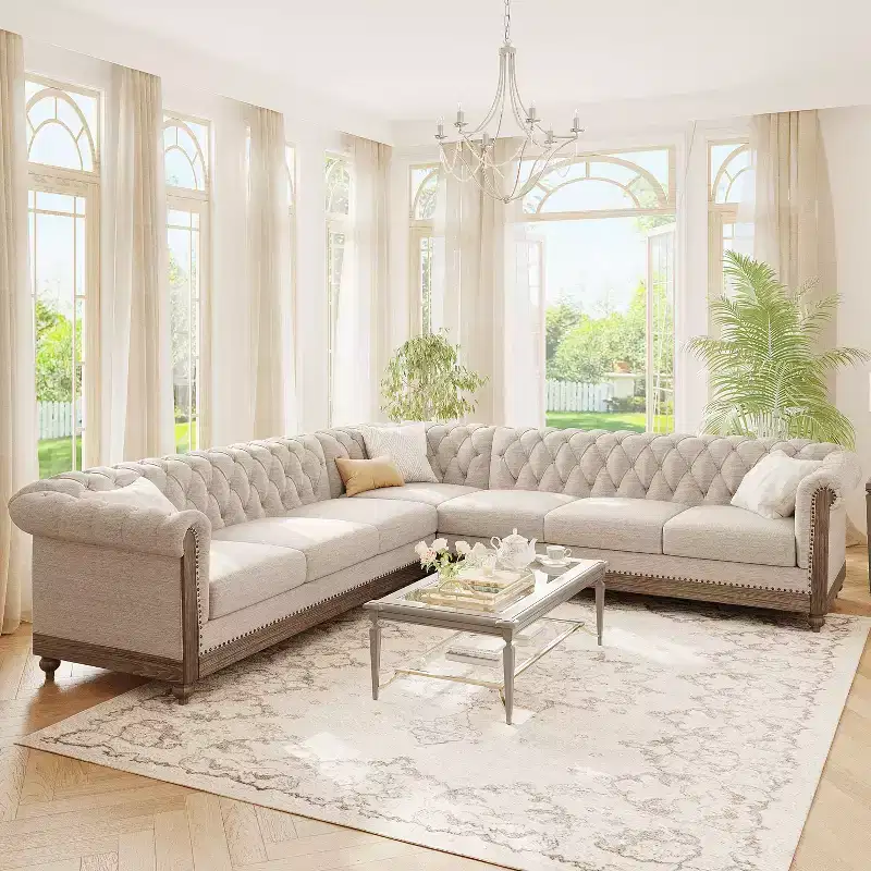 Mirod Large Retro Sectional Sofa with Wooden Legs, Comfortable Modular Design for Living Room, Lounge, and Family Spaces