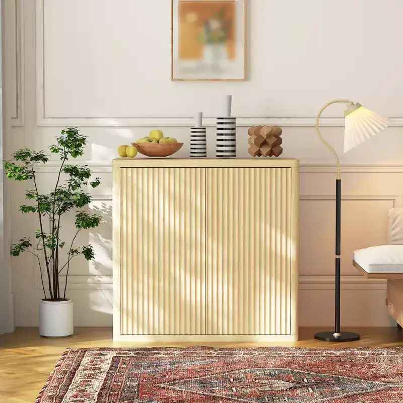 34 Sideboard Buffet Cabinet, Fluted Entryway Coffee Bar Cabinet, Wooden Floor Cupboard with Adjustable Shelves, Media Console Table for Living Room