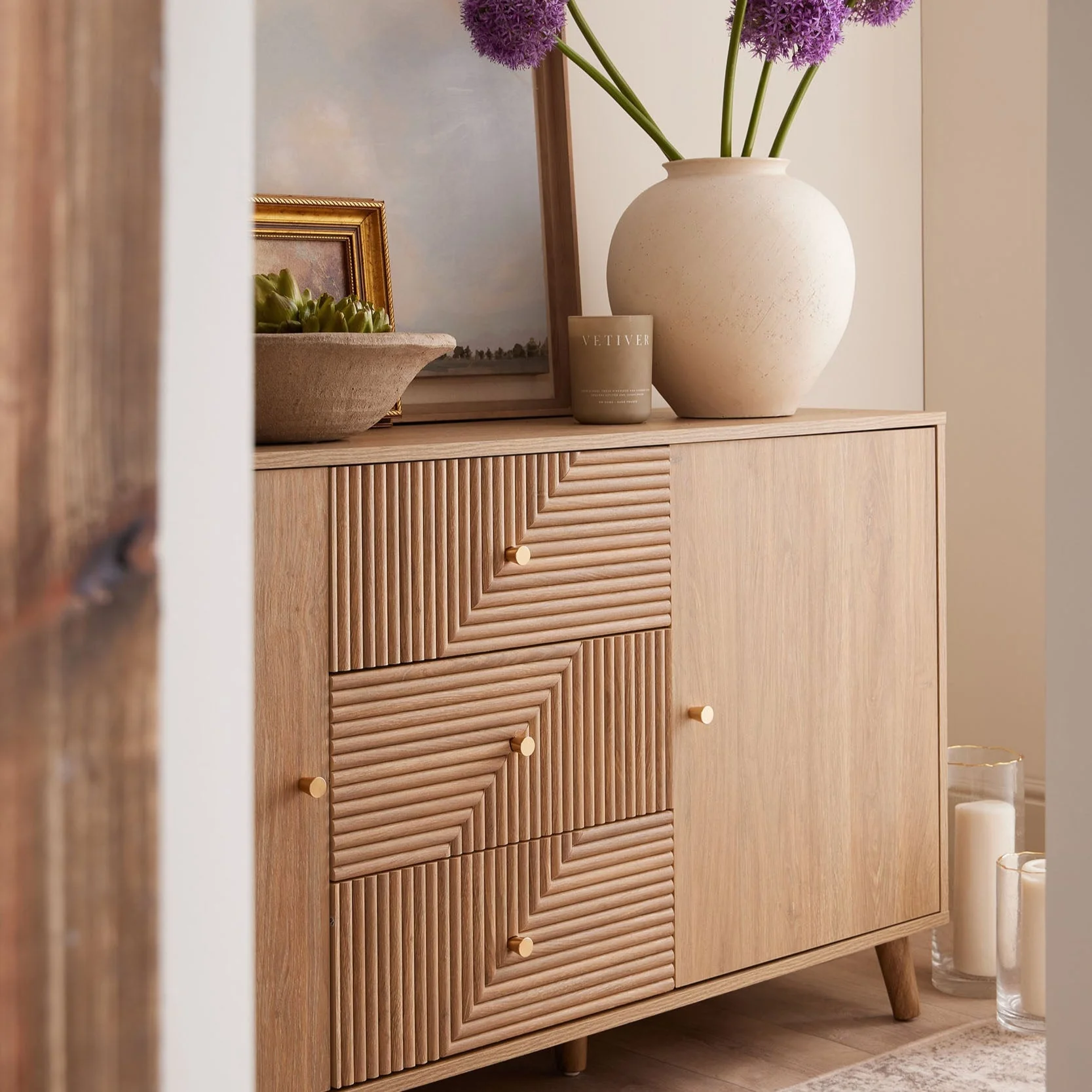 Scandi Light Wood Sideboard with Drawers for Living Room