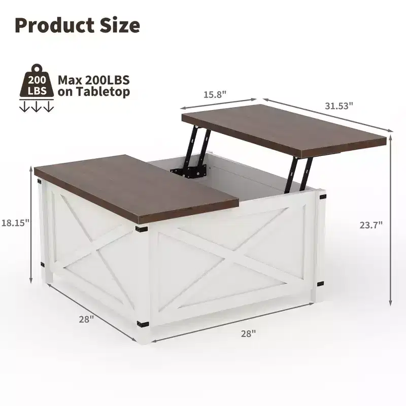 Farmhouse Lift-Top Coffee Table - Brown Square with Hidden Storage, Rustic Industrial Design for Living Room/Home Office/Small Spaces