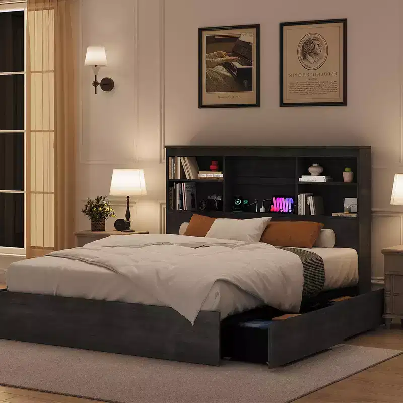 Bed Frame with Bookcase Headboard, 4 Drawers & Built-in Charging Station – No Box Spring Needed