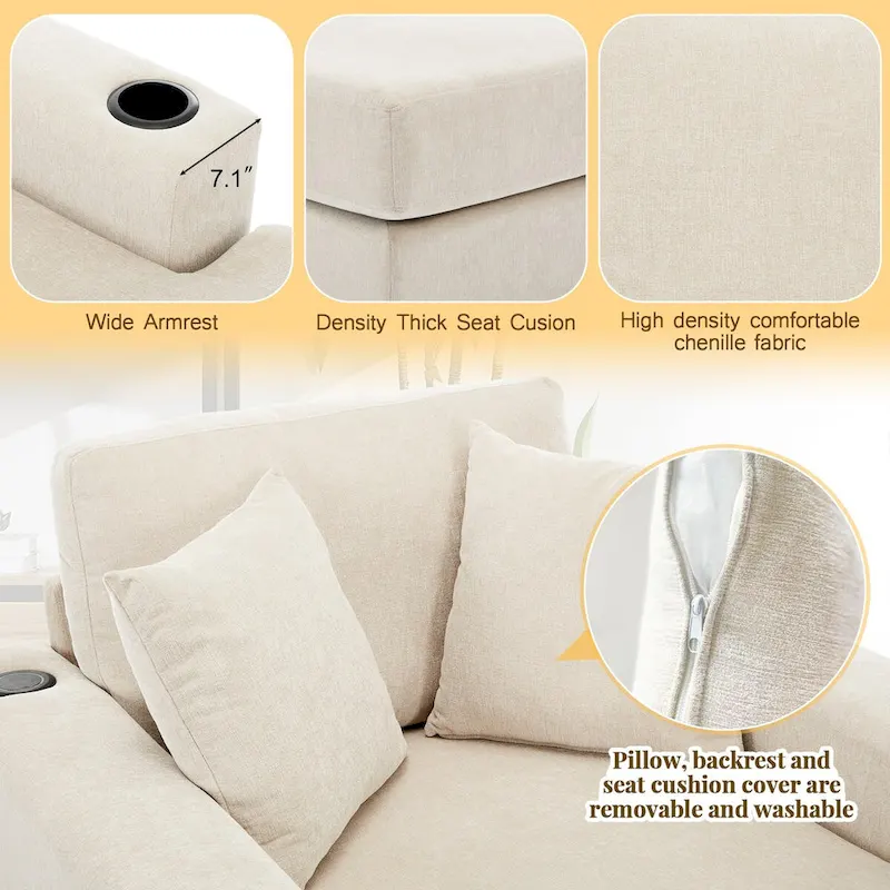 43.5 Chenille Fabric Chaise Lounger Sofa Couch with Pillows, Charge Station & Cup Holders