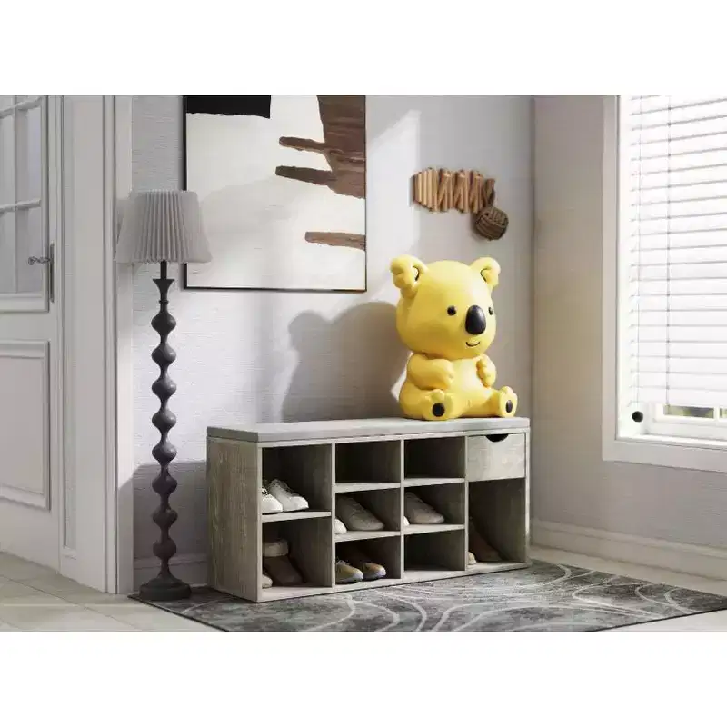 Shoe Bench with Drawer and 11 Cubbies, Entryway Storage Organizer Cabinet, Adjustable Shelf Cubby Shoe Rack for Living Room, Mudroom, Closet, Garage