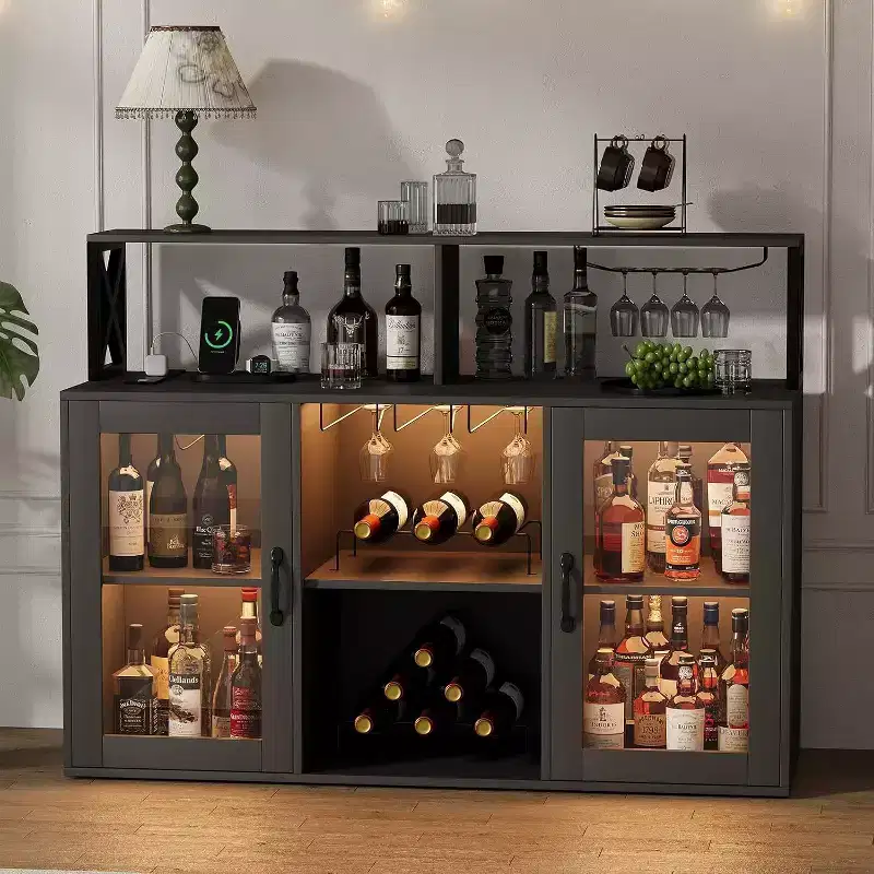 Freestanding Wine Bar Cabinet with LED Light, Power Outlets, Wine Rack & Glass Holder
