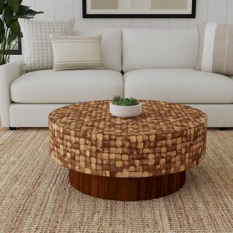 Mila Coconut Shell Round Pedestal Coffee Table by East at Main
