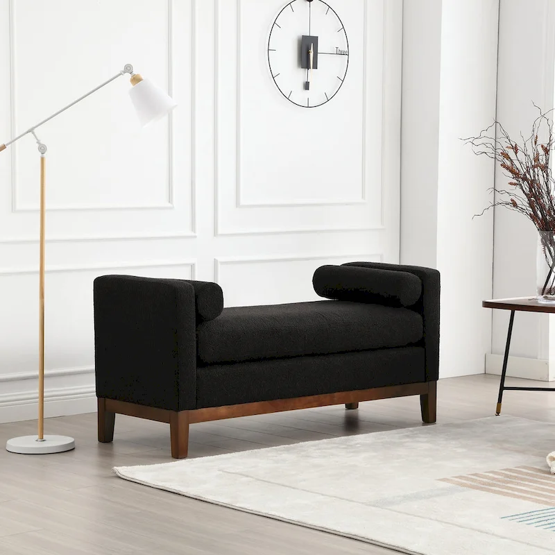 Upholstered Bench Wood Legs and Bolster Pillows