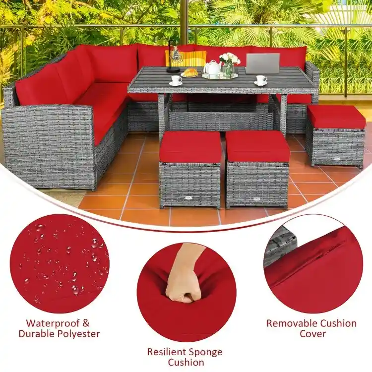 7 Pcs All-Weather Patio Rattan Dining Furniture Sectional Sofa Set with Wicker Ottoman and Cushed Couch