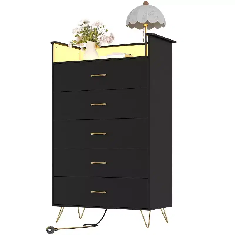 5 Drawer Dressers for Bedroom, 53 Tall Wooden Chest of Drawers with Lights & Charging Station, Dresser Storage Cabinet for Living Room Closet