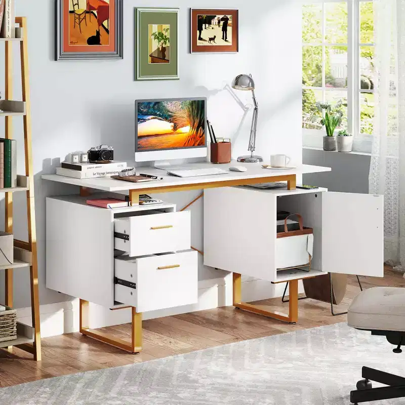 51 Home Office Desk with Floating Desktop Dual Drawers Cabinet & Metal Frame
