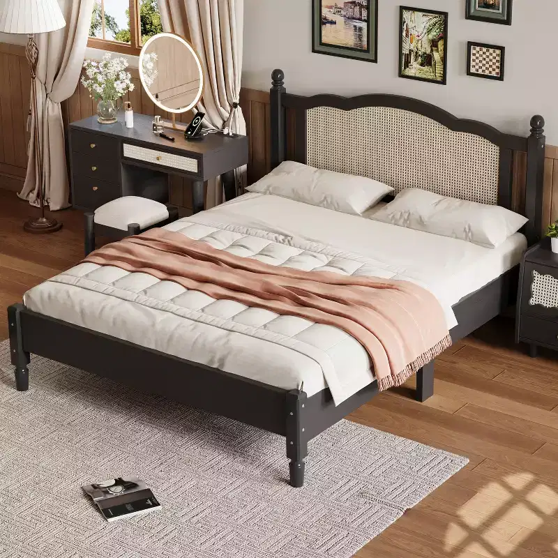 Queen Size Wooden Platform Bed with Natural Rattan Headboard and Wooden Slat Support, Easy Assembly