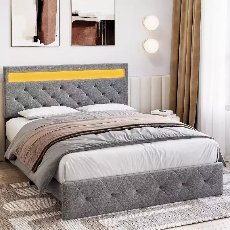 Grey Queen Upholstered Platform Bed with Modern Headboard, Ambient Headboard Design, No Box Spring Needed, Easy Assembly Sleek Neutral Bedroom Upgrade