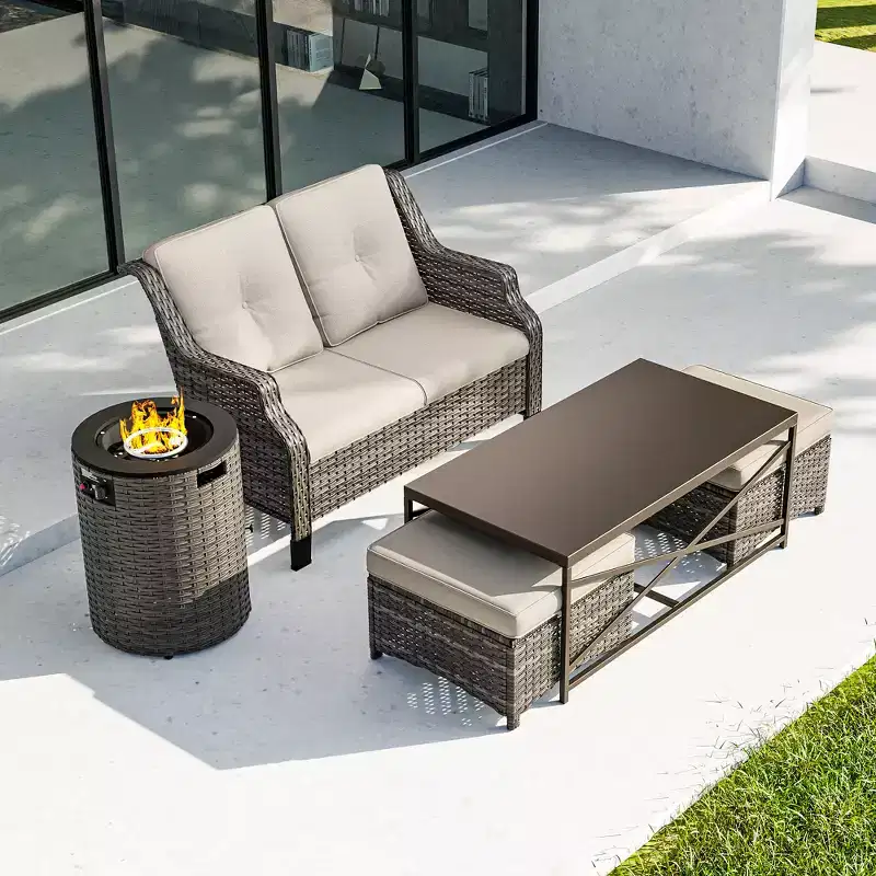 UPTIOT Outdoor Lounge Set with Fire Pit & Ottoman Seating
