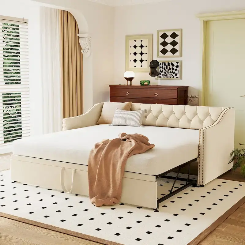 Twin Size Upholstered Daybed with Pop Up Trundle, Gray