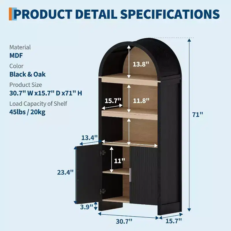 71 Tall Arched Cabinet, 5-Tier Mid Century Arched Bookcase with Doors, 3 Open Display Shelves and Adjustable Shelf, for Kitchen, Living room Office