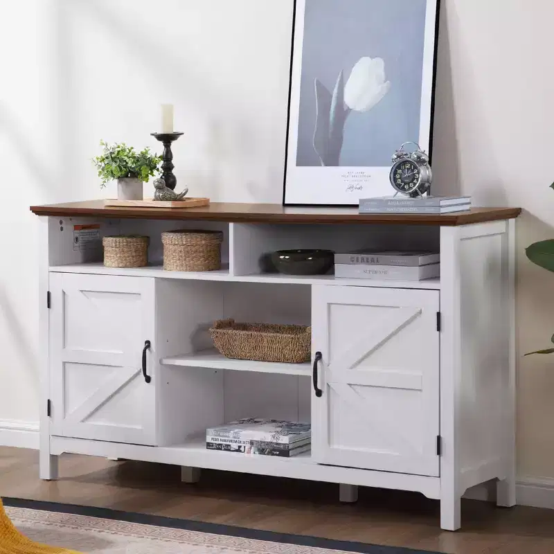 58 Farmhouse Sideboard Cabinet with Barn Doors, Adjustable Shelves - Antique White