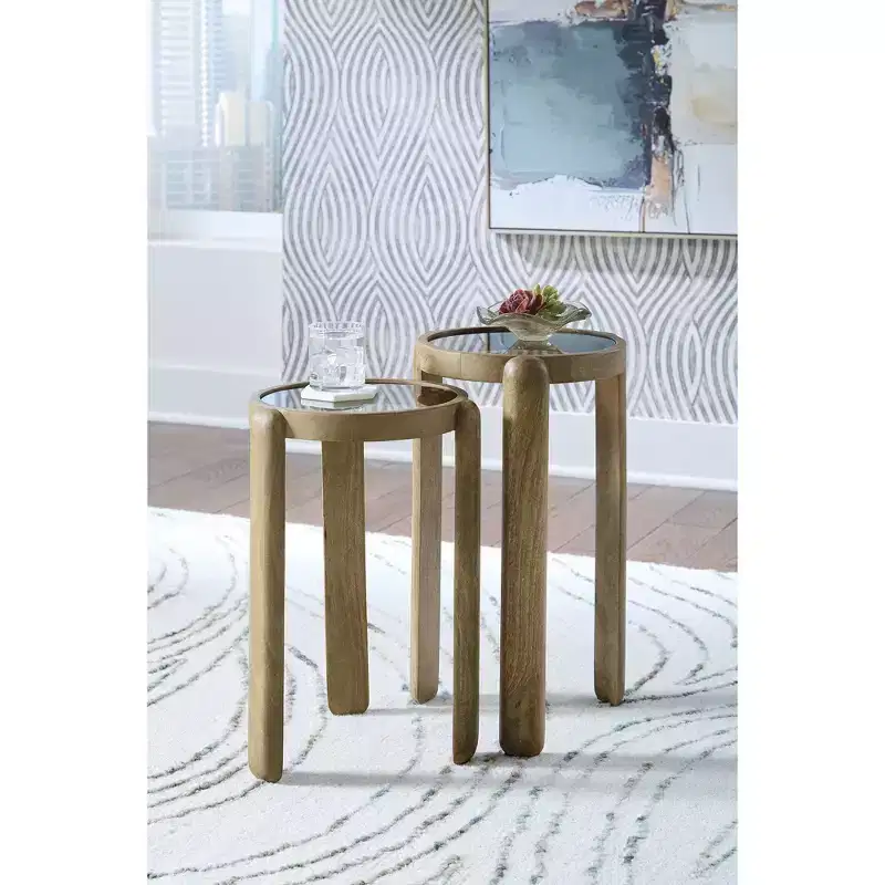 Signature Design by Ashley Jossor Accent Table Set, Mango Wood with Glass Tops, Light Brown