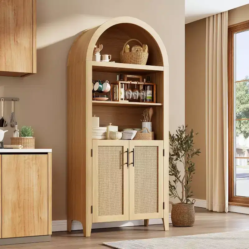 5-Tier Open Display Shelf with Rattan Decor, Farmhouse Storage Cabinet, Arched Kitchen Pantry Storage Cabinet, for Home, Office, Living Room