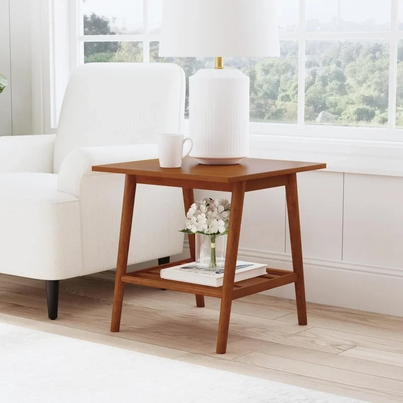 Mid-Century Modern Side End Table with Solid Wood Legs, Round Top, Living Room or Bedroom