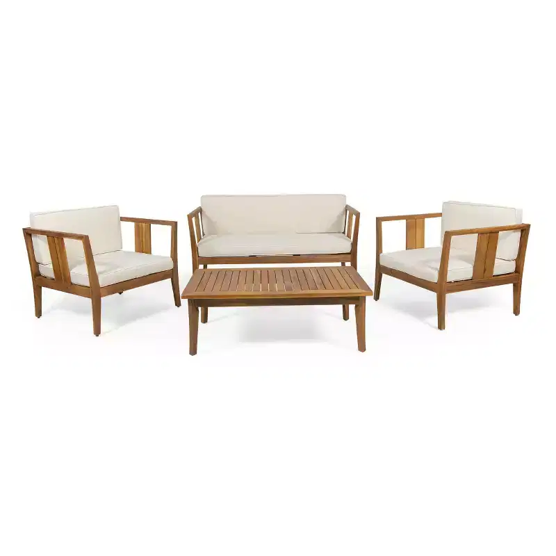 Nicholson Outdoor 4 Seater Acacia Wood Chat Set - Teak/Beige - Christopher Knight Home: Patio Conversation Set with Cushions & Coffee Table