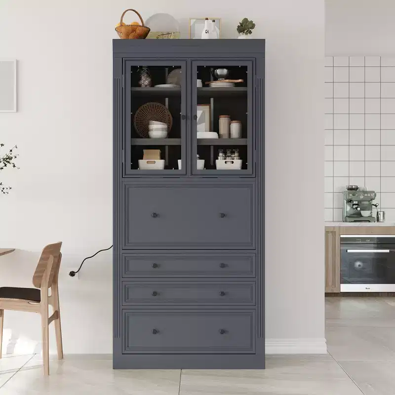 Waylon Kitchen Pantry Storage Cabinet with Power Outlet, 3 Drawers and Adjustable Shelves