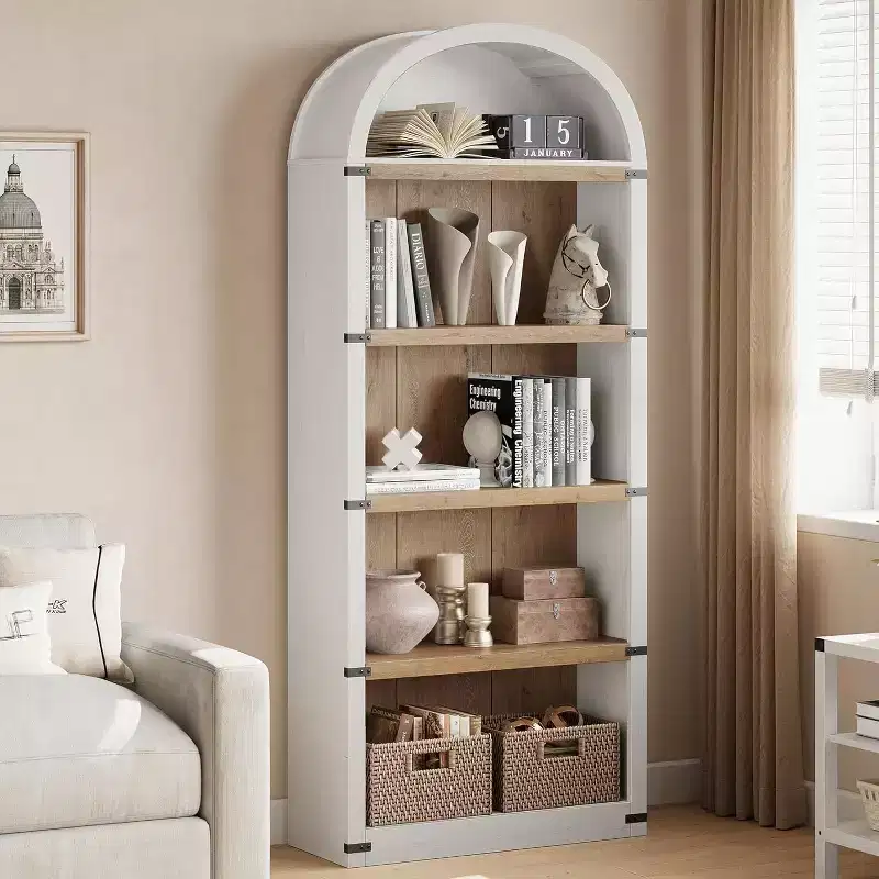 72 Farmhouse Arched Bookcase with Cabinet & Shelves - 5-Cube Storage for Living Room, Office